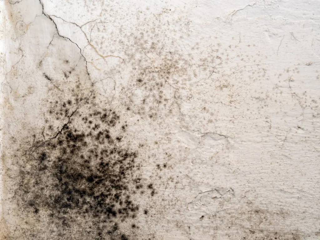 Black mould growth on cracked interior wall with visible spores, staining, and moisture damage spreading across the surface