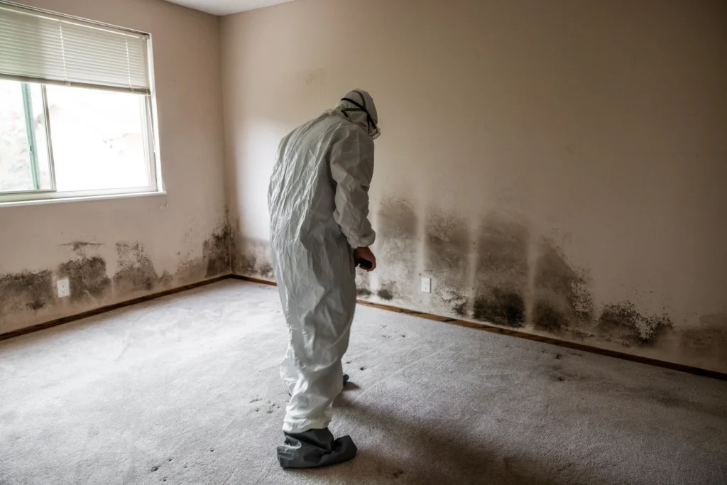 Mould remediation technician in protective suit inspecting severe wall mould damage inside a residential room