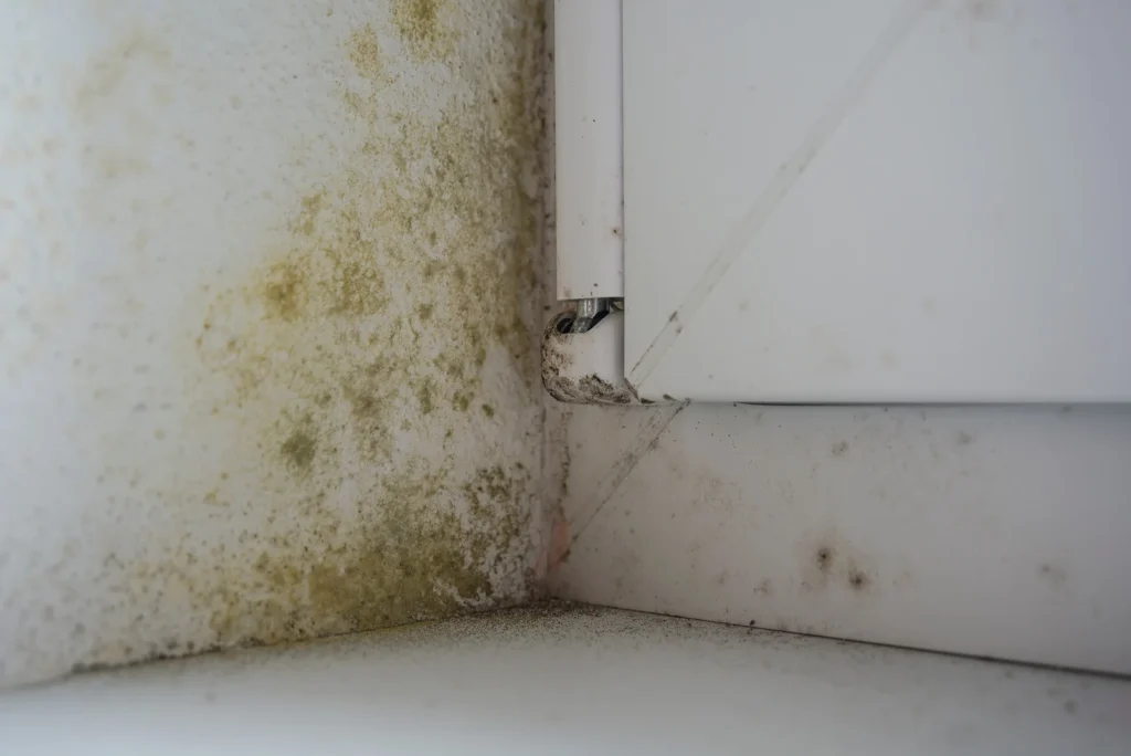 Mould growth on interior wall corner near window frame, showing damp staining and black spots from moisture buildup
