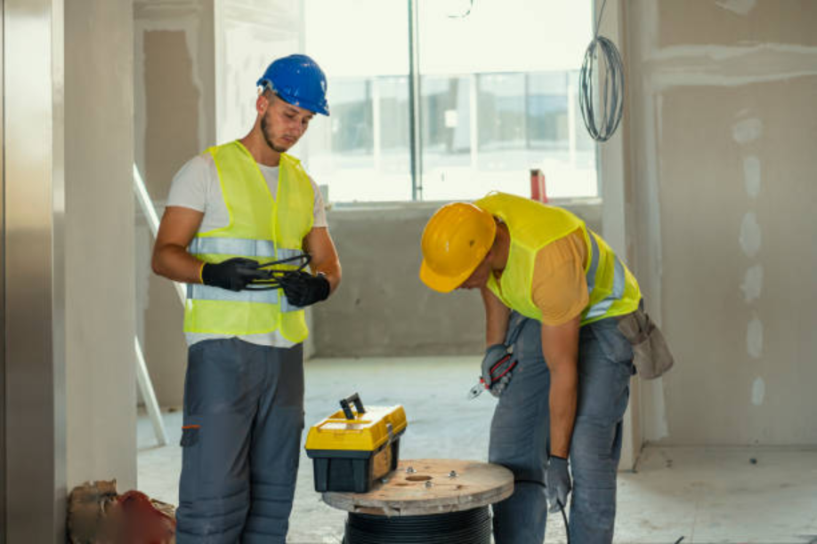 Construction workers in safety gear preparing electrical wiring and tools inside an unfinished interior space