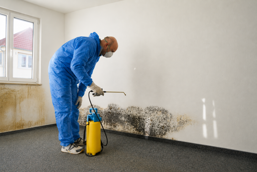 Technician in a blue protective suit spraying mould treatment during commercial mould remediation