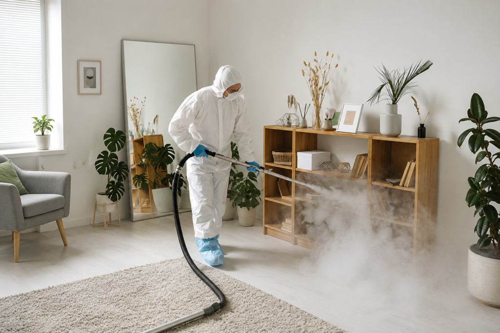 Technician in protective suit performing odour removal treatment in a modern residential living room