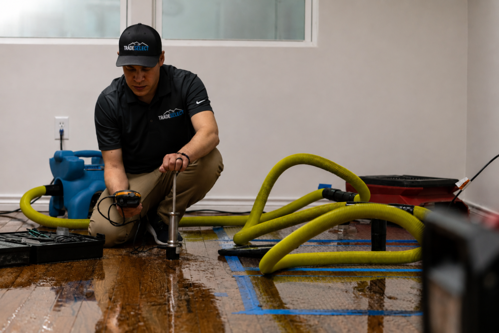 Trade Select technician assessing moisture levels on a wet hardwood floor during water damage restoration