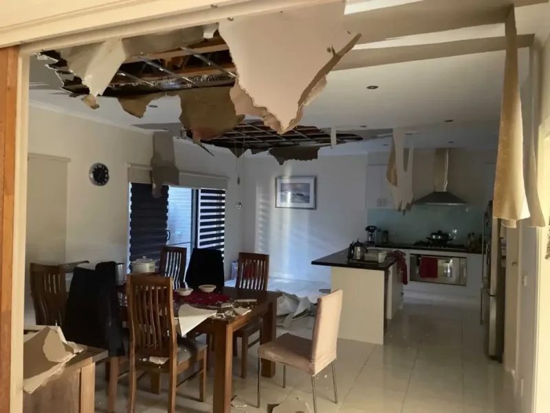 Water damaged ceiling and interior area before repair and drying